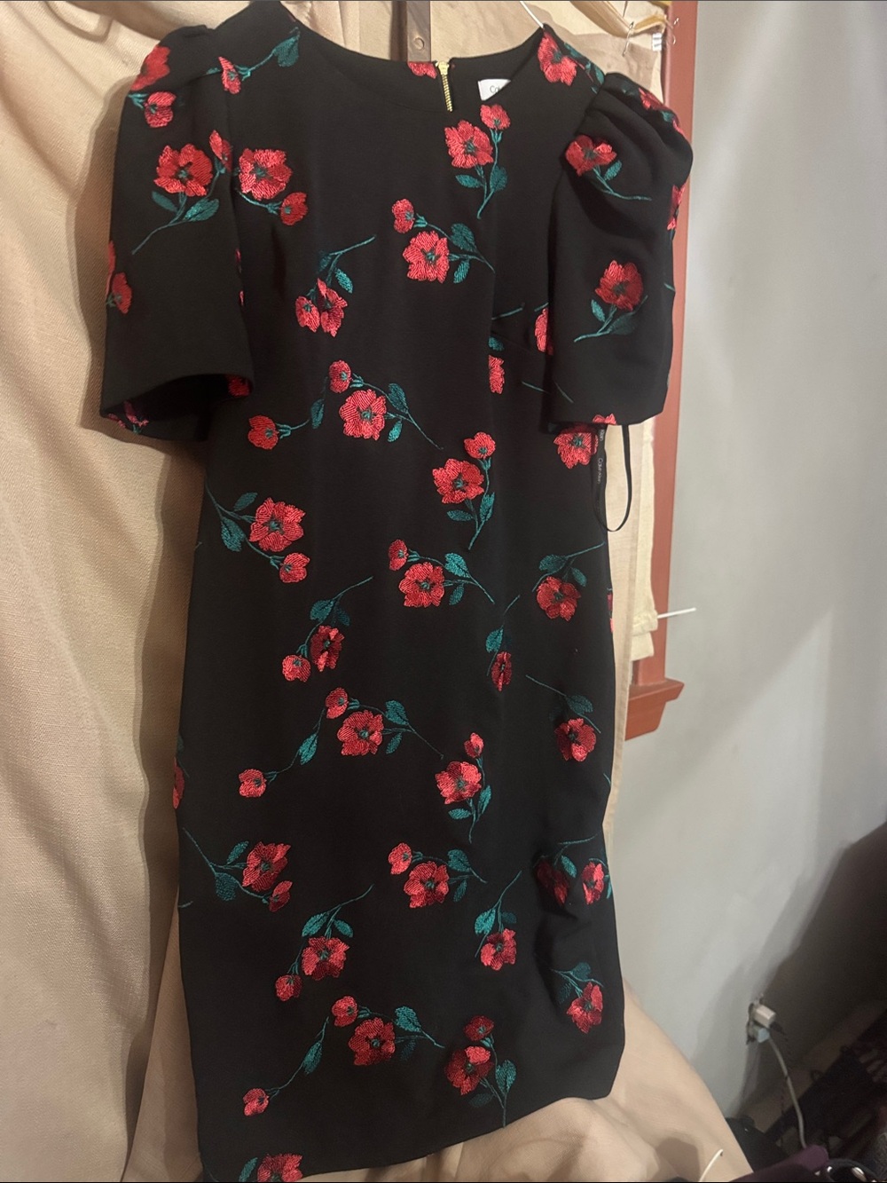 Calvin Klein Black Shift Dress with Red Floral Embroidery S-3